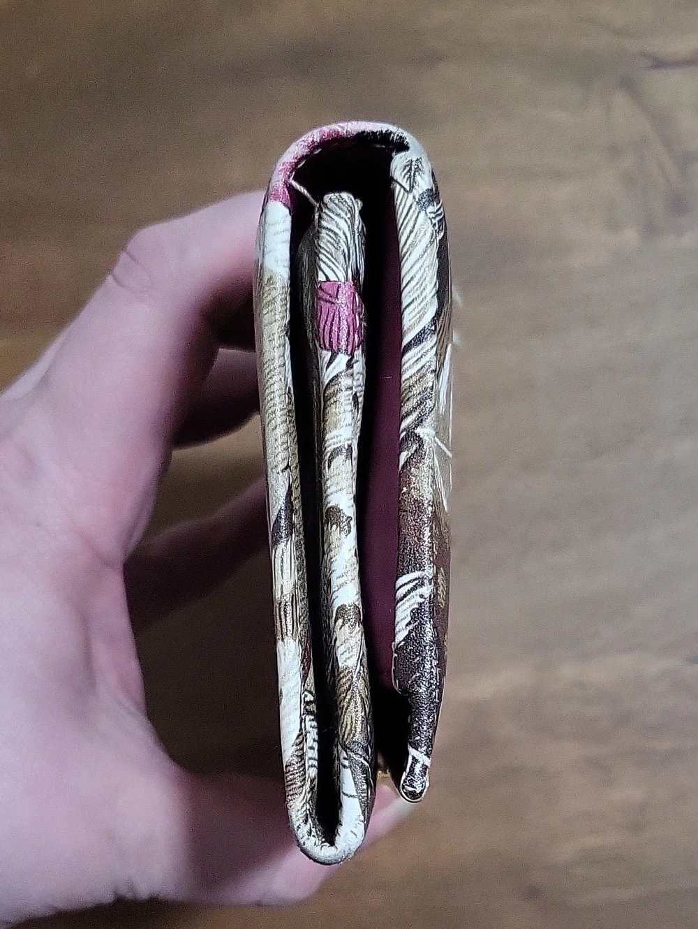 Salvatore Ferragamo Feather Print Leather Wallet in Brown, Pink & Cream - Picture 5 of 16